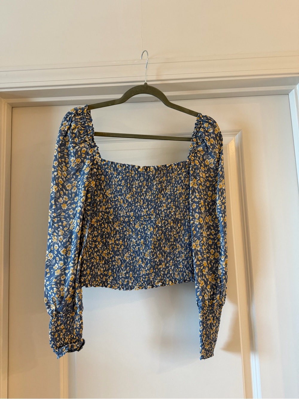 Reformation Navy Floral Smocked Square-Neck Top with Yellow Flowers